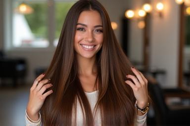 Client showing off newly applied long, voluminous hair extensions