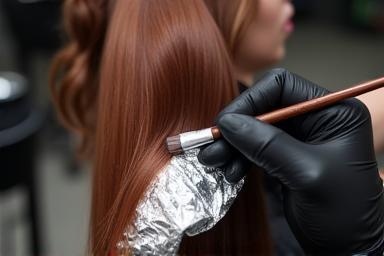 Hair colouring process showing application of hair dye by a professional colourist